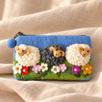Handmade Wool Felt Sheep Meadow Pouch with Zipper, Lamb Coin Purse, 7.5 x 4.3 in