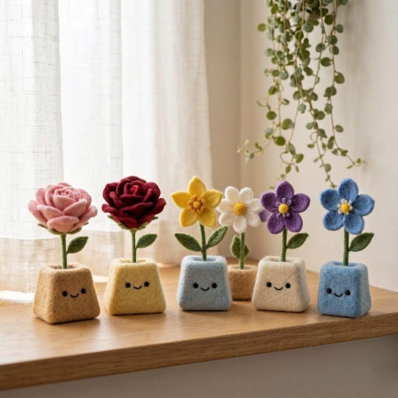 Needle Felted Wool Birth Month Flower in Felt Pot, 10 cm Handmade Desk Decor, Birthday Gift for Her