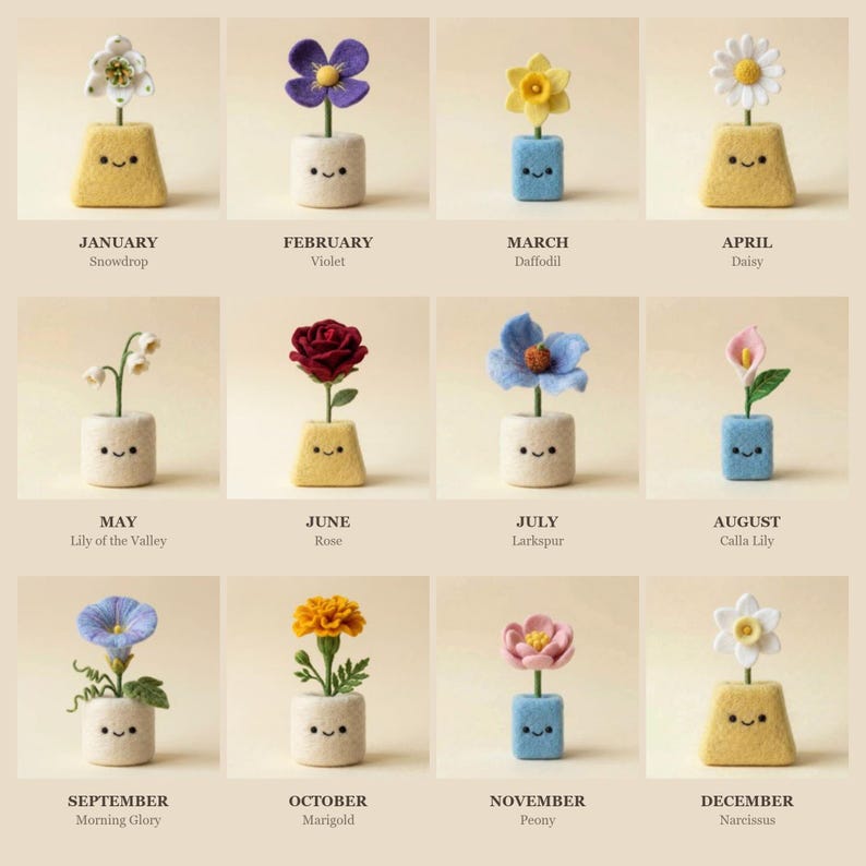Needle Felted Wool Birth Month Flower in Felt Pot, 10 cm Handmade Desk Decor, Birthday Gift for Her