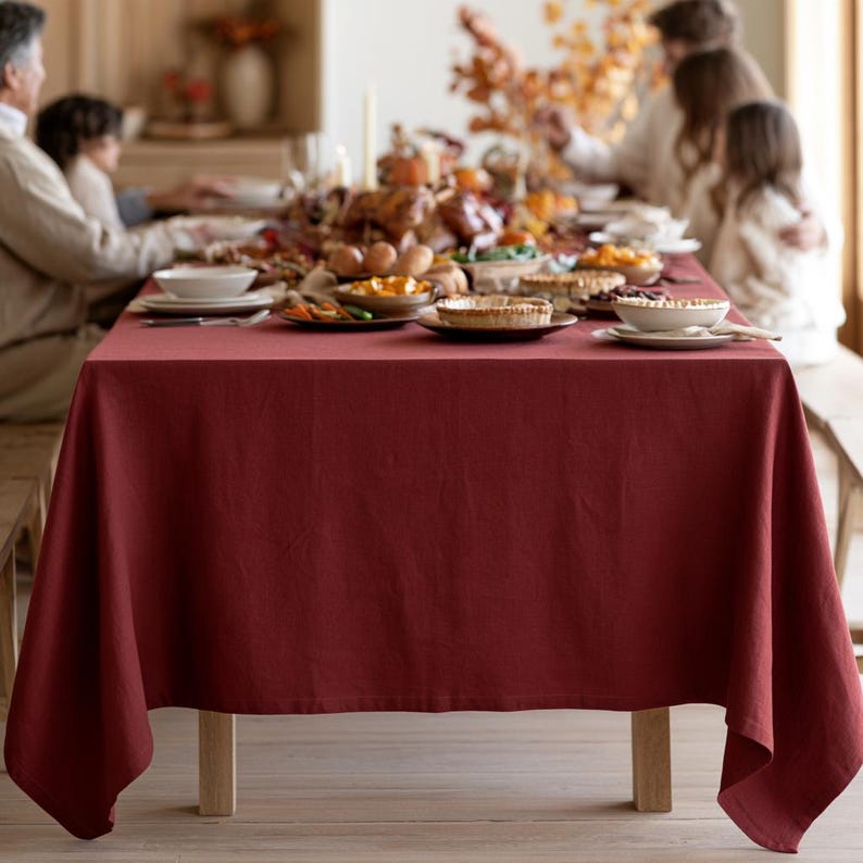 Linen Tablecloth in Burgundy – Rustic Rectangle or Square Fall Dining Table Cover, Washable