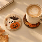 Handmade Wool Felt Coasters Set of 5, 10 cm, Halloween Ghost Pumpkin Bat Designs, Orange Brown Cream, Autumn Table Decor