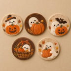 Handmade Wool Felt Coasters Set of 5, 10 cm, Halloween Ghost Pumpkin Bat Designs, Orange Brown Cream, Autumn Table Decor
