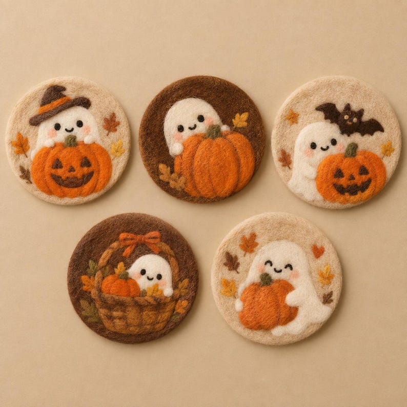 Handmade Wool Felt Coasters Set of 5, 10 cm, Halloween Ghost Pumpkin Bat Designs, Orange Brown Cream, Autumn Table Decor
