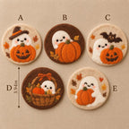Handmade Wool Felt Coasters Set of 5, 10 cm, Halloween Ghost Pumpkin Bat Designs, Orange Brown Cream, Autumn Table Decor