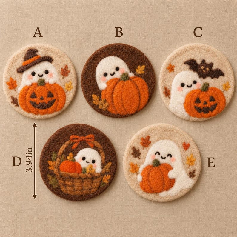 Handmade Wool Felt Coasters Set of 5, 10 cm, Halloween Ghost Pumpkin Bat Designs, Orange Brown Cream, Autumn Table Decor
