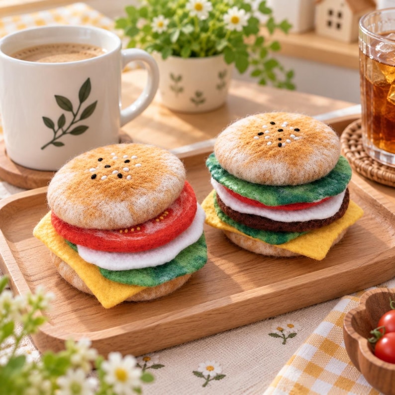 Wool Felt Hamburger Coaster Needle Felting Kit, DIY Craft Set with Wool Materials, Cheese Burger or Beef Burger Style, Makes 6-8 Coasters
