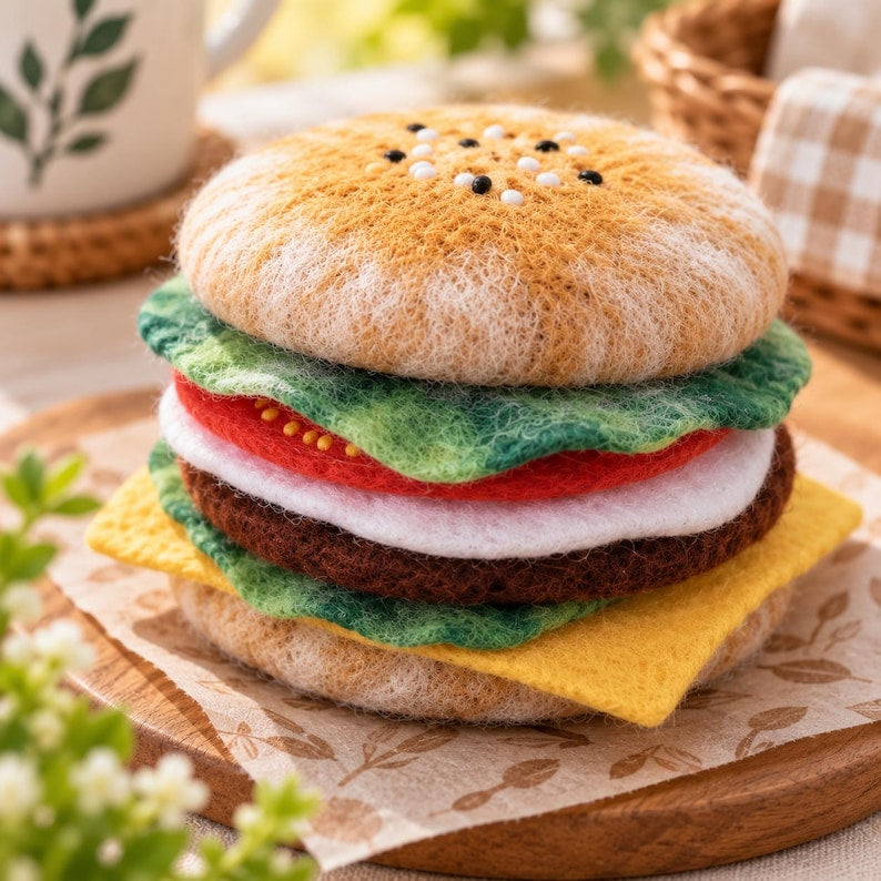 Wool Felt Hamburger Coaster Needle Felting Kit, DIY Craft Set with Wool Materials, Cheese Burger or Beef Burger Style, Makes 6-8 Coasters