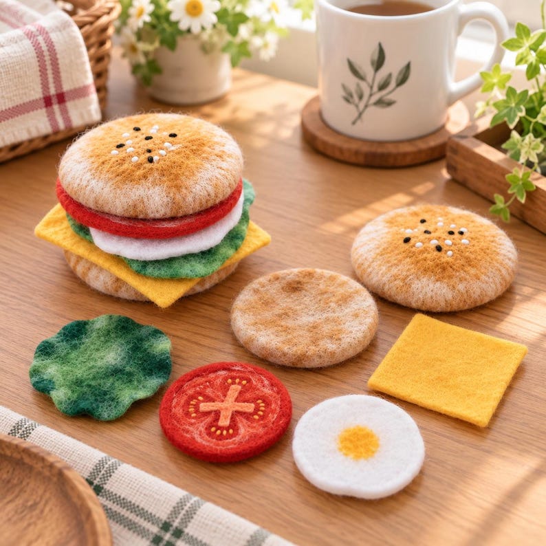 Wool Felt Hamburger Coaster Needle Felting Kit, DIY Craft Set with Wool Materials, Cheese Burger or Beef Burger Style, Makes 6-8 Coasters