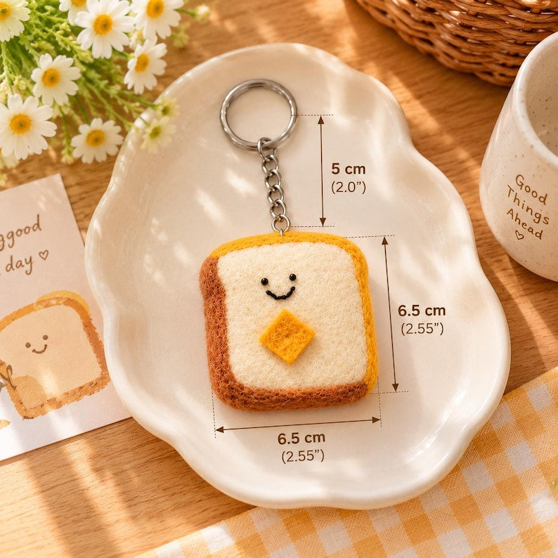 Handmade Wool Felt Smiling Toast Keychain, Yellow Butter Breakfast Bag Charm, Silver-Tone Metal Keyring, 6.5 x 6.5 cm