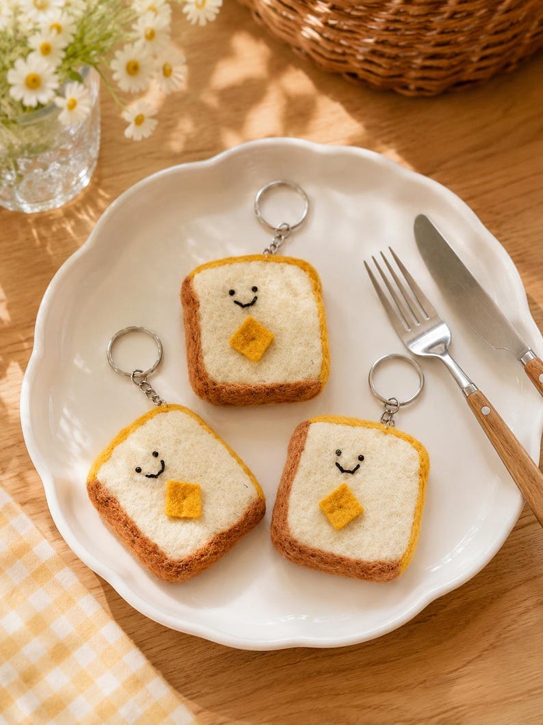 Handmade Wool Felt Smiling Toast Keychain, Yellow Butter Breakfast Bag Charm, Silver-Tone Metal Keyring, 6.5 x 6.5 cm