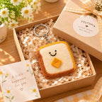 Handmade Wool Felt Smiling Toast Keychain, Yellow Butter Breakfast Bag Charm, Silver-Tone Metal Keyring, 6.5 x 6.5 cm