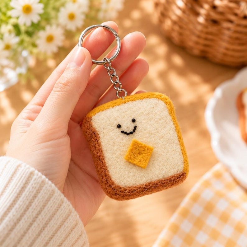 Handmade Wool Felt Smiling Toast Keychain, Yellow Butter Breakfast Bag Charm, Silver-Tone Metal Keyring, 6.5 x 6.5 cm
