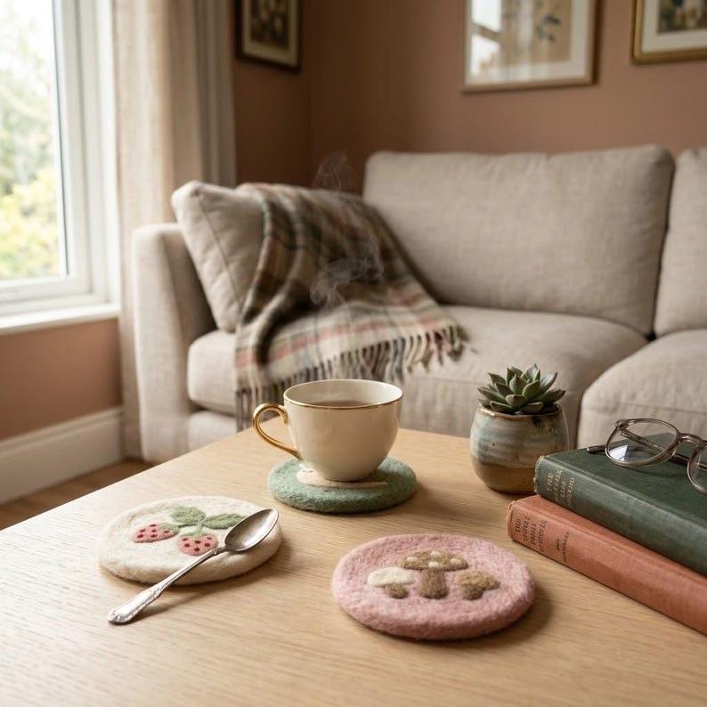 Needle Felted Wool Coaster 10 cm – Mushroom Floral Mug Rug for Mugs and Cups