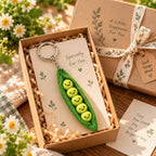 Handmade Felt Pea Pod Keychain, Green Smiling Peas Bag Charm, Silver-Tone Key Ring