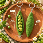Handmade Felt Pea Pod Keychain, Green Smiling Peas Bag Charm, Silver-Tone Key Ring