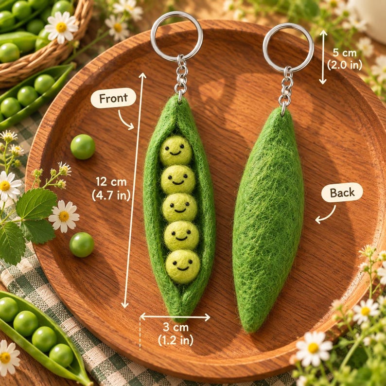 Handmade Felt Pea Pod Keychain, Green Smiling Peas Bag Charm, Silver-Tone Key Ring