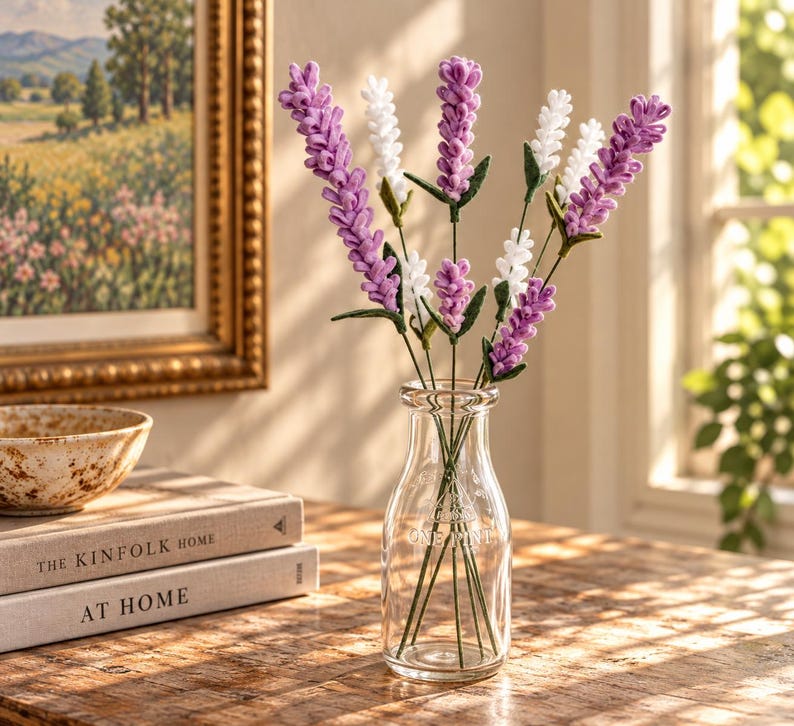 Wool Felt Lavender Stems – Soft Purple Botanical Decor, 3 Pack – Felt Flowers for Bouquet