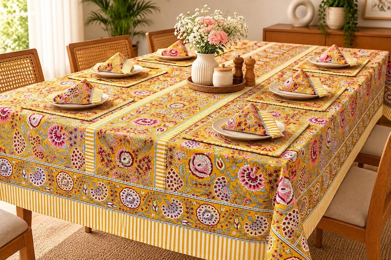Cotton Block Print Tablecloth Floral Square Rectangle Round Dining Table Cover Handmade Boho