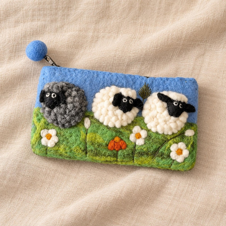 Handmade Wool Felt Sheep Meadow Pouch with Zipper, Lamb Coin Purse, 7.5 x 4.3 in
