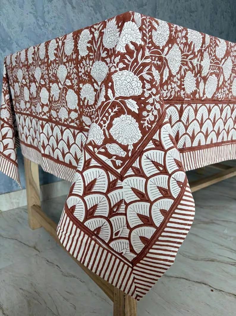 Cotton Block Print Tablecloth Floral Square Rectangle Round Dining Table Cover Handmade Boho