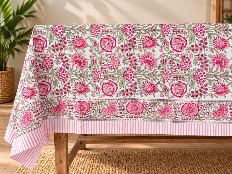Cotton Block Print Tablecloth Floral Square Rectangle Round Dining Table Cover Handmade Boho