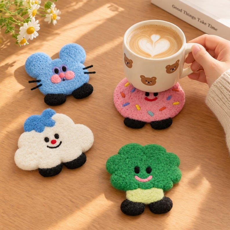 Handmade Wool Felt Coaster Set, Needle Felted Cartoon Cup Mat, 10 cm, Multiple Styles