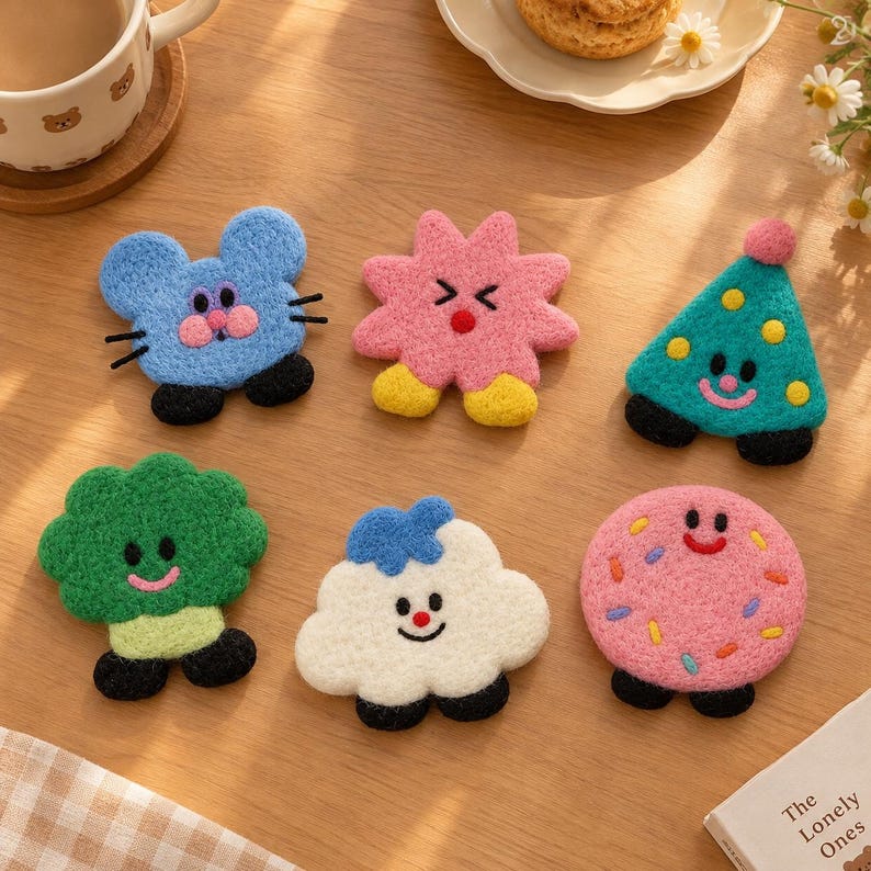 Handmade Wool Felt Coaster Set, Needle Felted Cartoon Cup Mat, 10 cm, Multiple Styles